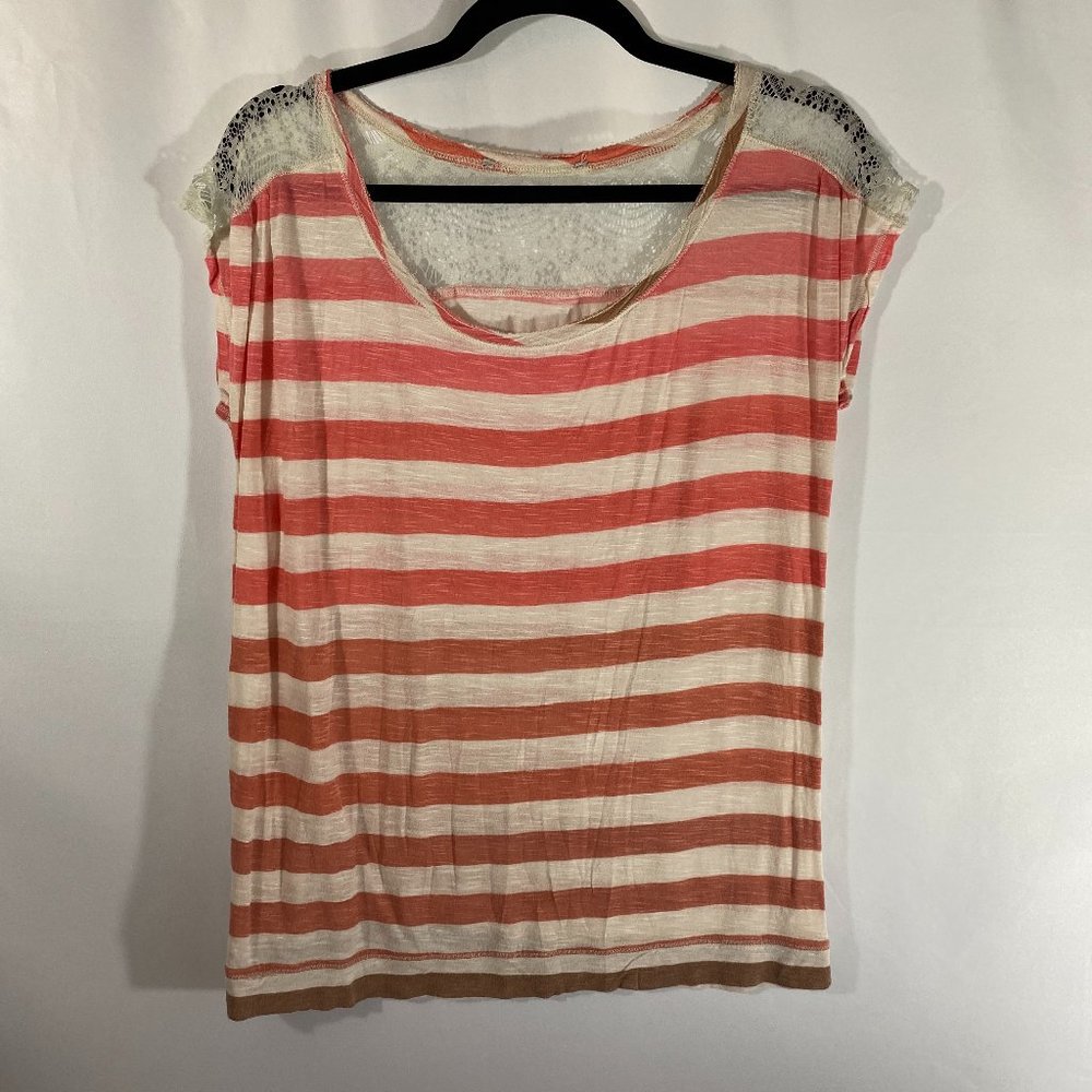 Orange and Cream Stripe Short Sleeved Top w/ Lace